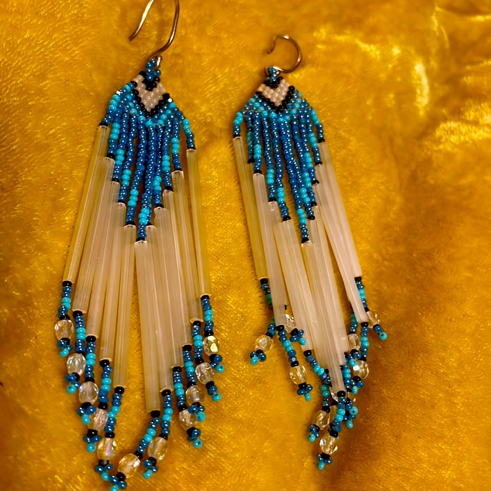 Blue and White Seed Beaded Long Fringe Dangle Earrings Handmade